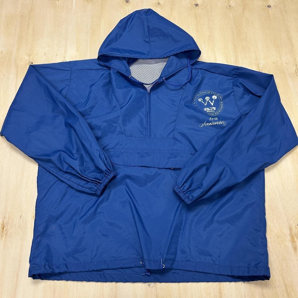Vintage Windless Jacket Mens Lg Blue Hooded Anorak 1/4 Zip Lined Windbreaker USA